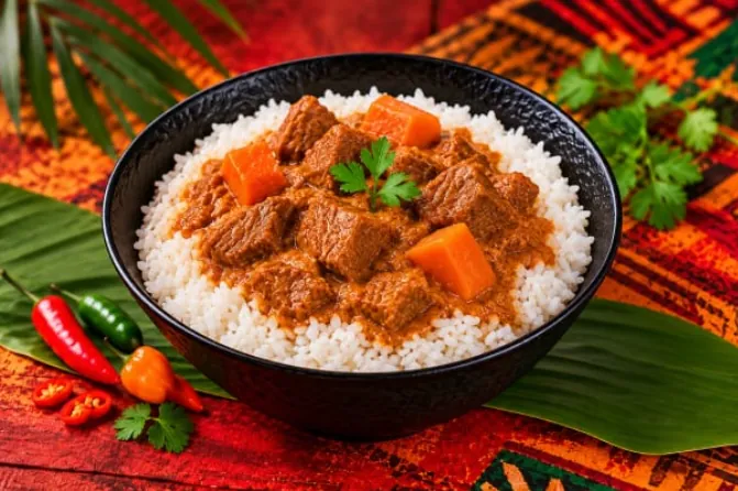 Bœuf mafé mijoté en sauce servi sur riz blanc