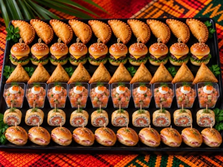 Plateau apéritif de bouchées salées : pastels, mini burgers, samoussas, verrines et wraps